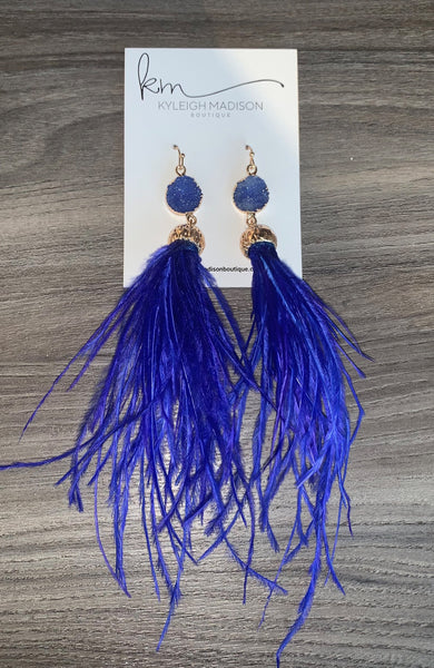 Druzy Stone Feather Earring - Sapphire